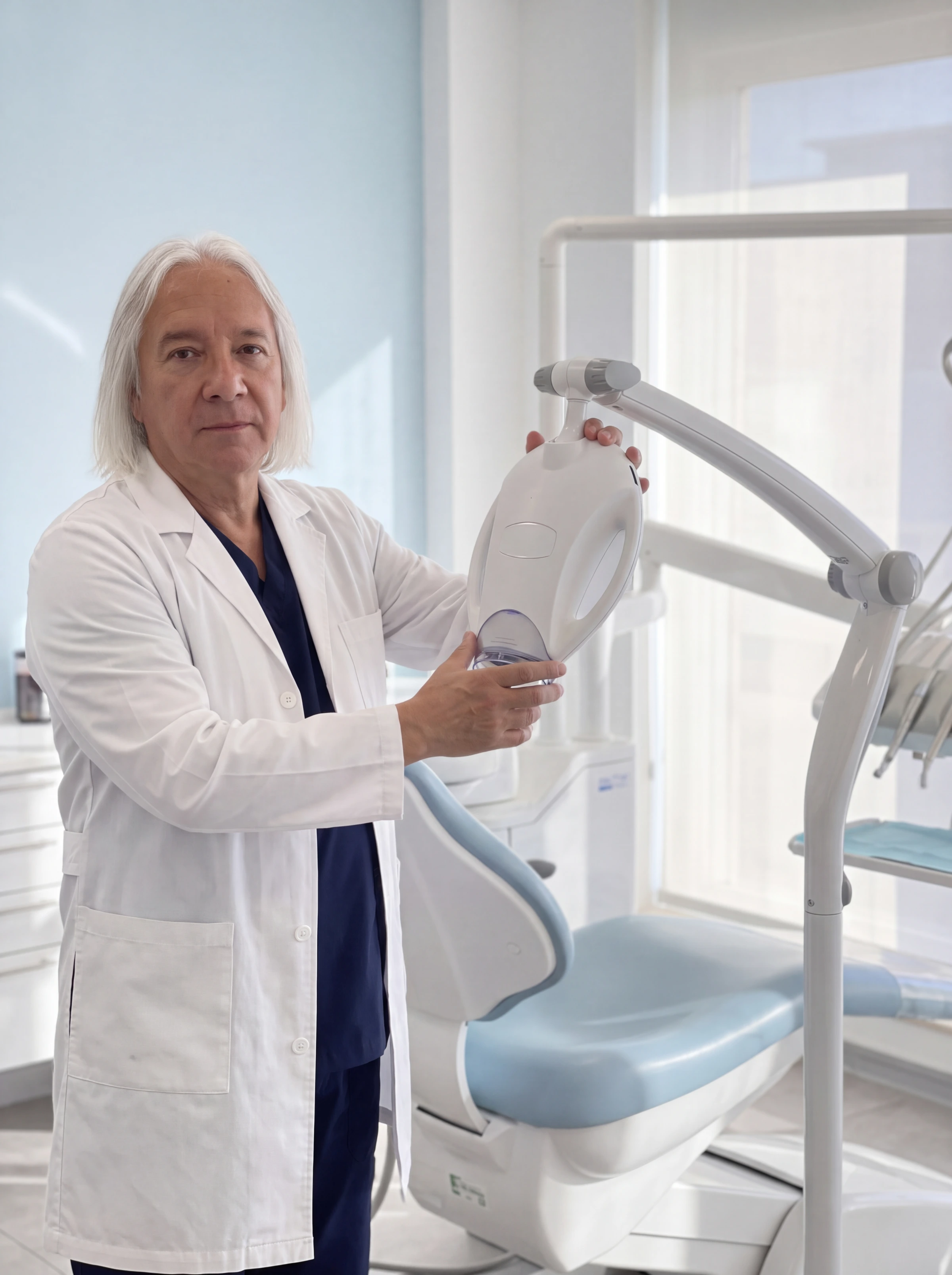 Dr. Gustavo López con equipo clínico de tecnología LED